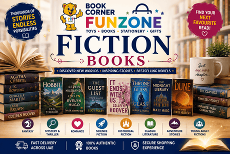 Fiction books collection featuring bestselling novels, fantasy books, mystery and thriller novels, romance, science fiction, classics and contemporary fiction at Funzone UAE