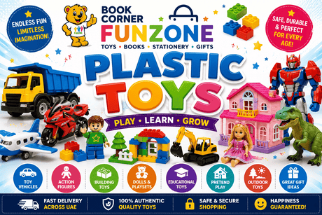 Plastic toys collection featuring toy cars, action figures, dolls, educational toys, building blocks, pretend play sets, animal figures and kids' playsets at Funzone UAE