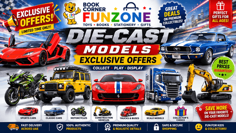 Die-Cast Models Exclusive Offers collection featuring collectible sports cars, supercars, classic cars, trucks, motorcycles, construction vehicles and premium scale model vehicles at Funzone UAE