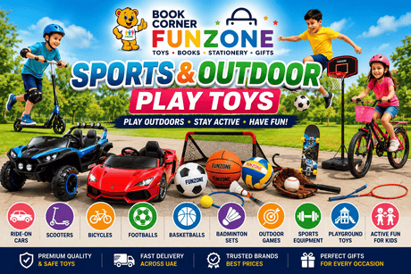 Funzone Sports & Outdoor Play Toys banner featuring ride-on cars, scooters, bicycles, footballs, basketballs, badminton sets, outdoor games and active play equipment for kids in the UAE