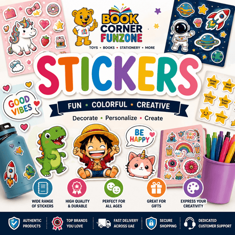 Funzone Stickers collection featuring colourful anime stickers, cartoon stickers, decorative sticker packs, scrapbook stickers, planner stickers and character stickers for kids and collectors in the UAE