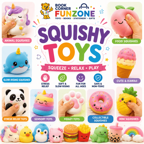 Funzone Squishy Toys collection featuring colorful slow-rising squishies, sensory toys, stress relief toys, cute animal squishies, food squishies and fidget toys for kids and adults in the UAE