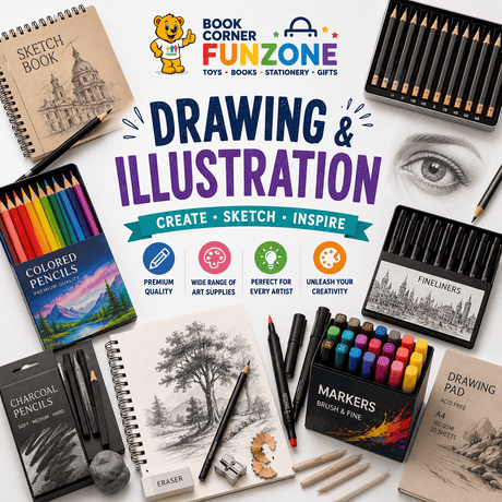 Funzone Drawing & Illustration collection featuring sketchbooks, drawing pencils, coloured pencils, fineliners, markers, charcoal, drawing pads and professional art supplies for artists in the UAE