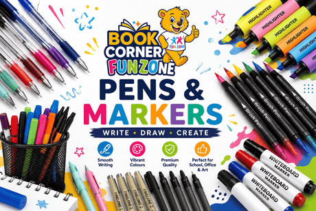 Funzone Pens & Markers collection featuring premium gel pens, ballpoint pens, fineliners, permanent markers, whiteboard markers, highlighters, brush pens and colouring markers for school, office and art projects in the UAE