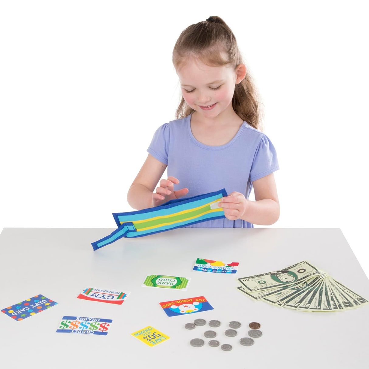 Melissa & Doug Pretend-to-Spend Toy Wallet With Play Money and Cards (45 pcs) - Blue