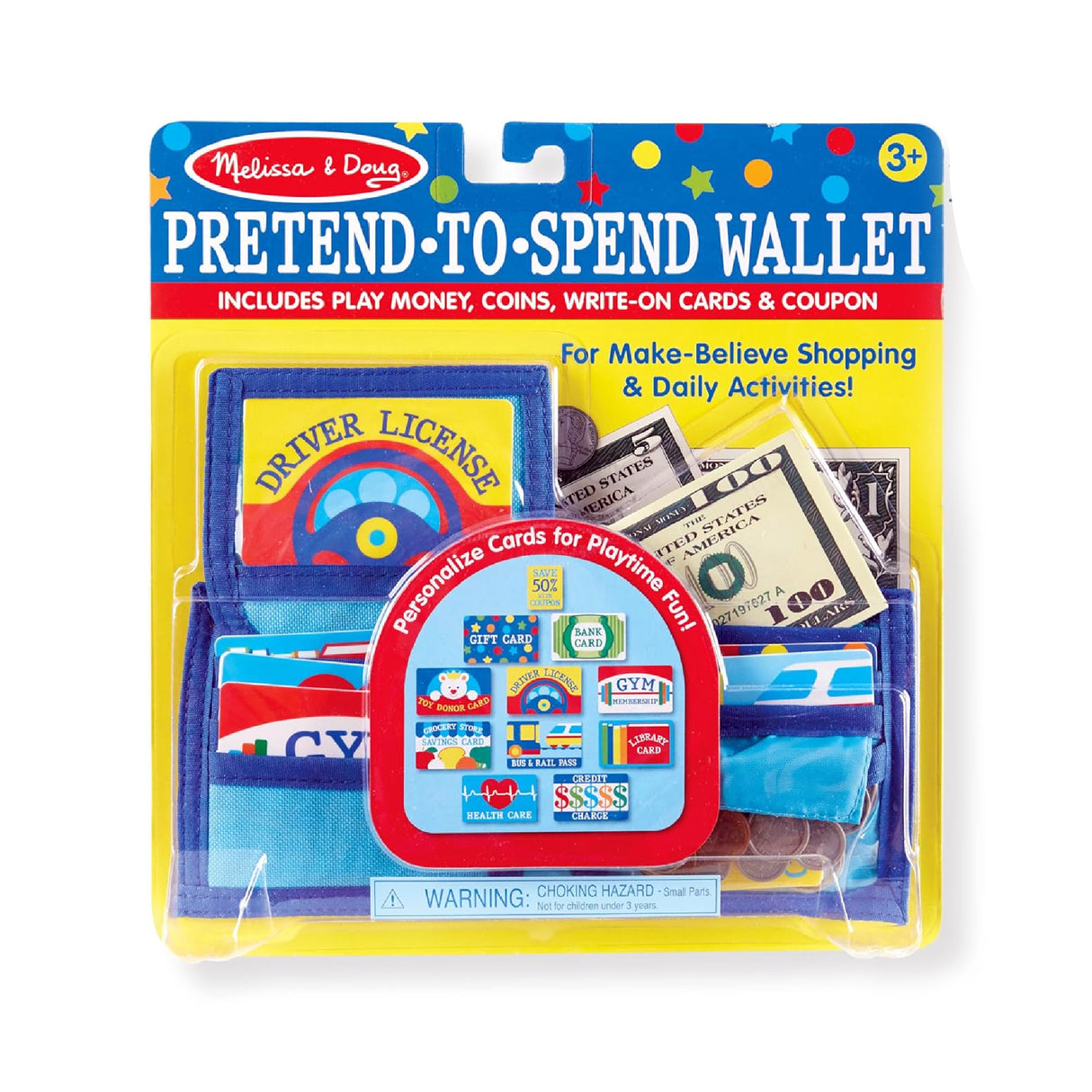 Melissa & Doug Pretend-to-Spend Toy Wallet With Play Money and Cards (45 pcs) - Blue