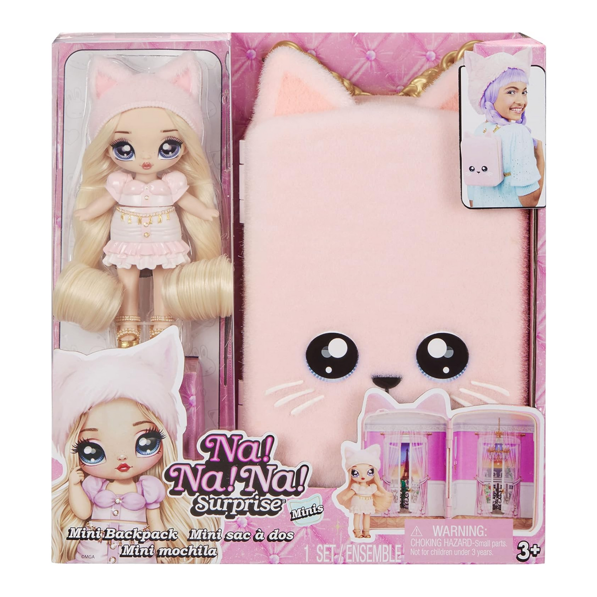 Na! Na! Na! Surprise Mini Backpack Amelie Laurent Fashion Doll, Fuzzy Pink Kitty Backpack