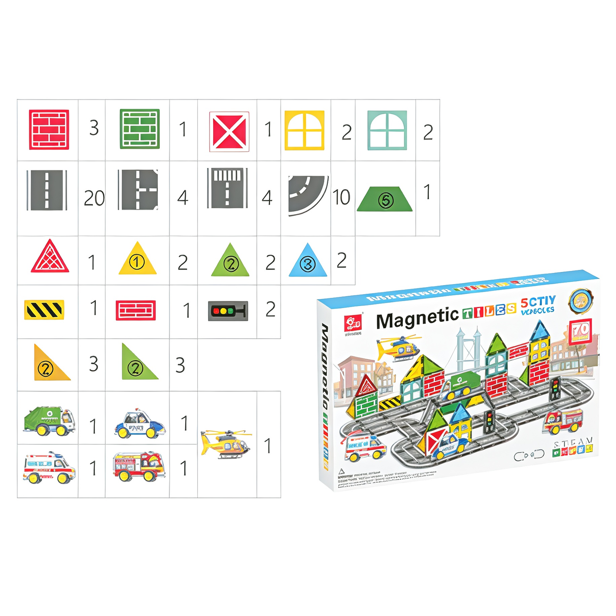 Magnetic Tiles City Vehicles 70 Piece Set