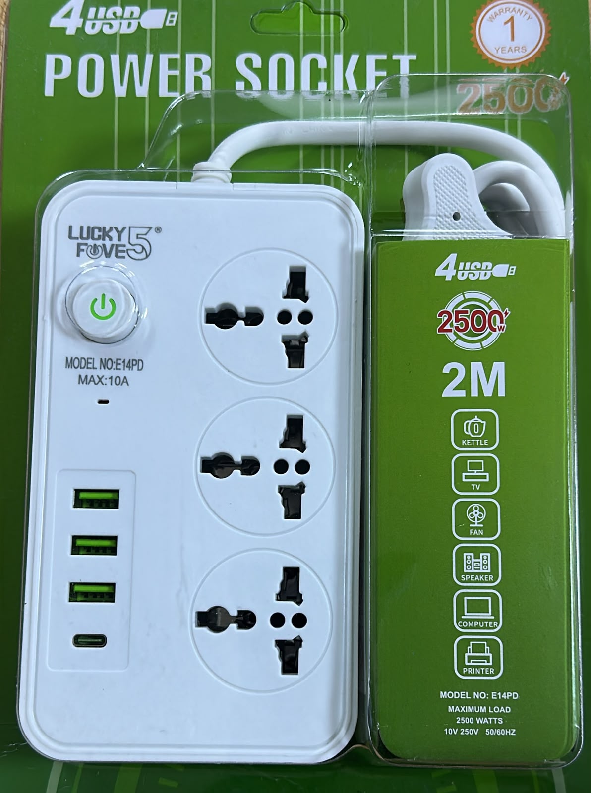 Power Socket Extension 2M with 4 USB Ports