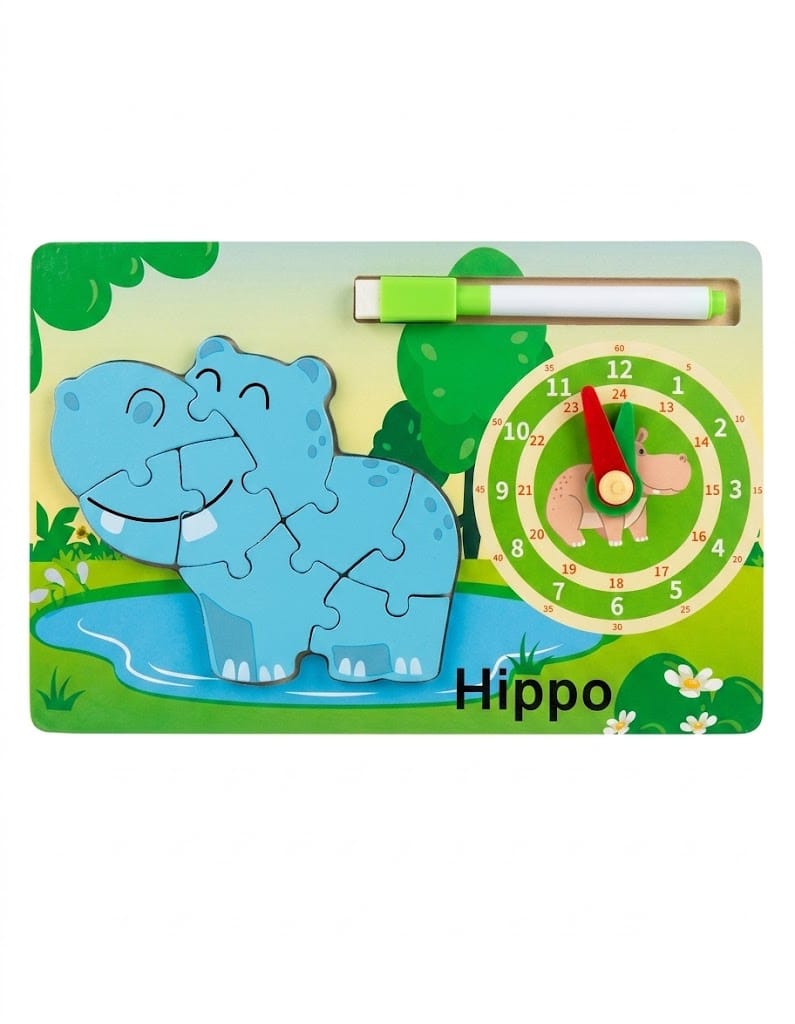 Hippo Small Wooden Jigsaw Puzzle with Clock