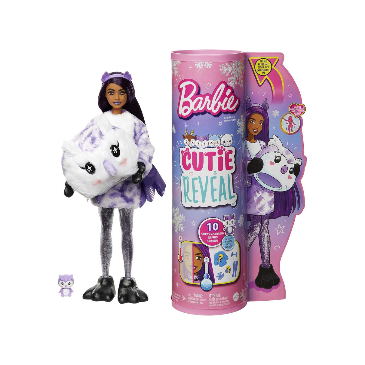 Barbie Cutie Reveal Doll, Snowflake Sparkle Series Owl Plush Costume