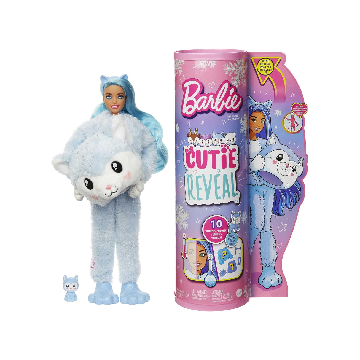 Barbie Cutie Reveal Doll, Snowflake Sparkle Series Husky Plush Costume