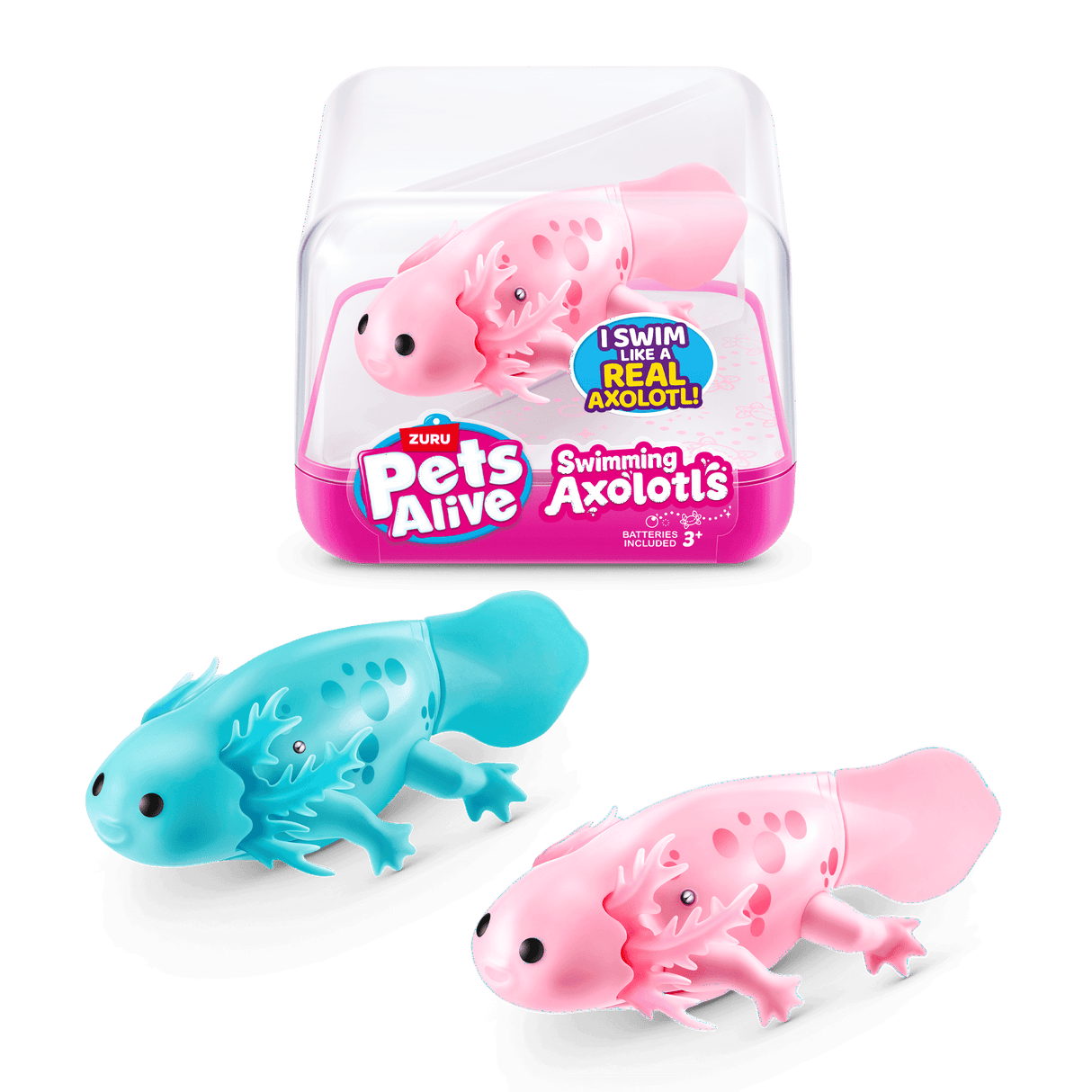 Pets Alive Swimming Axolotl - Water-Activated Robotic Pet with 5-Direction Swim and Power-Save Mode - Assorted (Pink/Teal Pack)