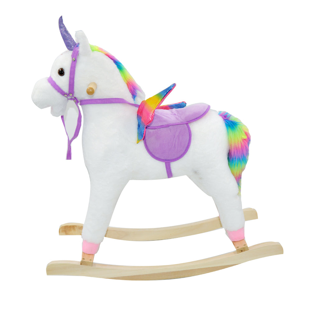 Rocking Horse - Soft and Plush Unicorn with Sturdy Wooden Base