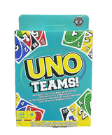 UNO Teams card game box with colorblind accessible cards, team-based gameplay for 2-4 teams, ages 7 and up