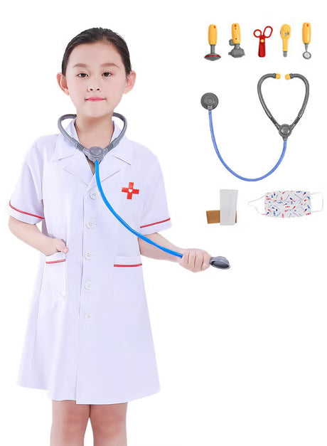 Toddler wearing a Kids Doctor Dress Up Cosplay Set with lab coat and medical accessories