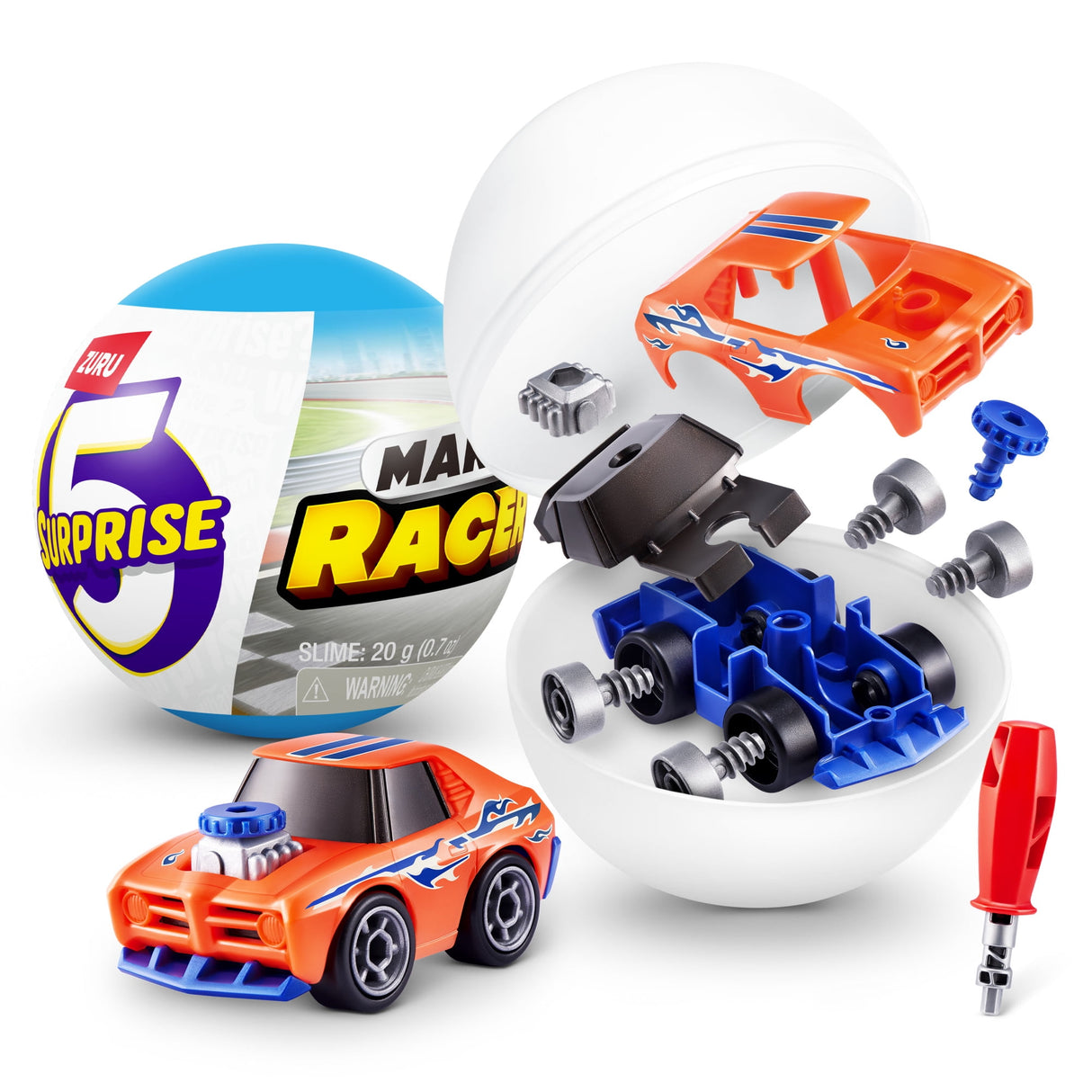 5 Surprise Make A Racer - Build-Your-Own Custom Mini Race Car with 5 Mystery Parts, Stickers, and Track Pieces - Assorted