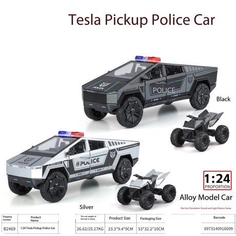 Tesla Cybertruck Police + Quad 1:24 (Assorted colors, sold as single)
