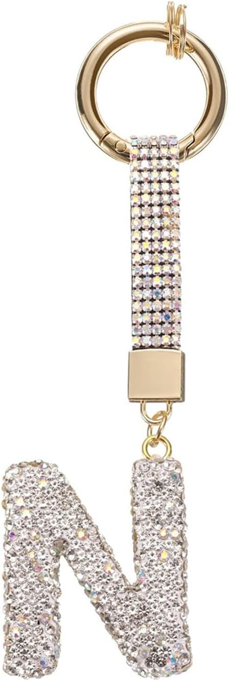 White Rhinestone Letter N Keychain
