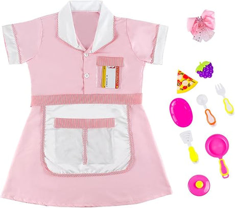 Chef costume for kids ages 3 to 8 and adults with chef hat, apron, and cooking tools for role play