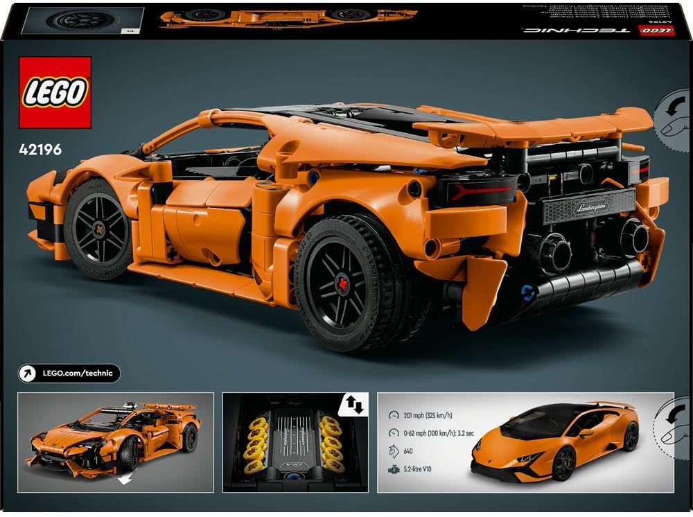LEGO Technic Lamborghini Huracán Tecnica Orange Set, Sports Car Toy for 9 Plus Year Old Kids, Boys & Girls, Model Building Kit for Creative Play, Kids' Bedroom Decoration, Birthday Gift Idea 42196