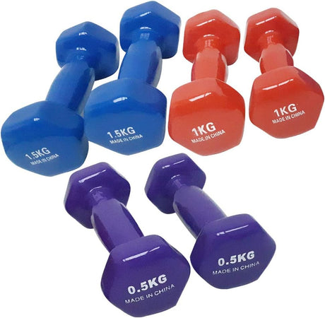 Dumbbells Weights Set Size 0.5kg 1kg 1.5kg Hand Workout Exercise Colour Blue Purple Red 6 Piece Set for Yoga Aerobics Home Fitness Exercise