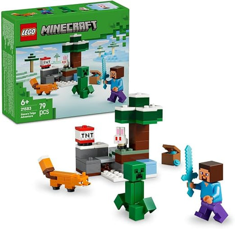 LEGO Minecraft Steve's Taiga Adventure 21583 building kit with Steve minifigure, Creeper, fox, baby bunny, and diamond mining action
