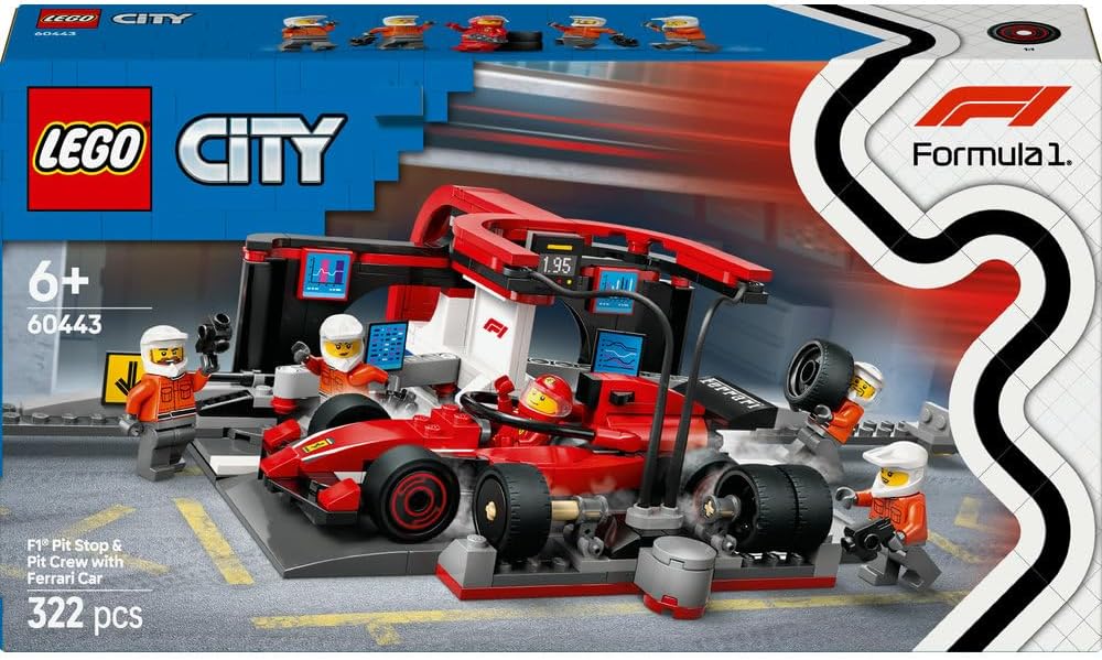 LEGO City F1 Pit Stop & Pit Crew with Ferrari Car Toy - Formula 1 Set incl. a Driver Minifigure, 4 Mechanics, Spare Tyres & Wheel Guns