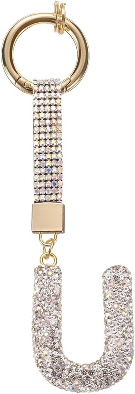 White Rhinestone Letter U Keychain