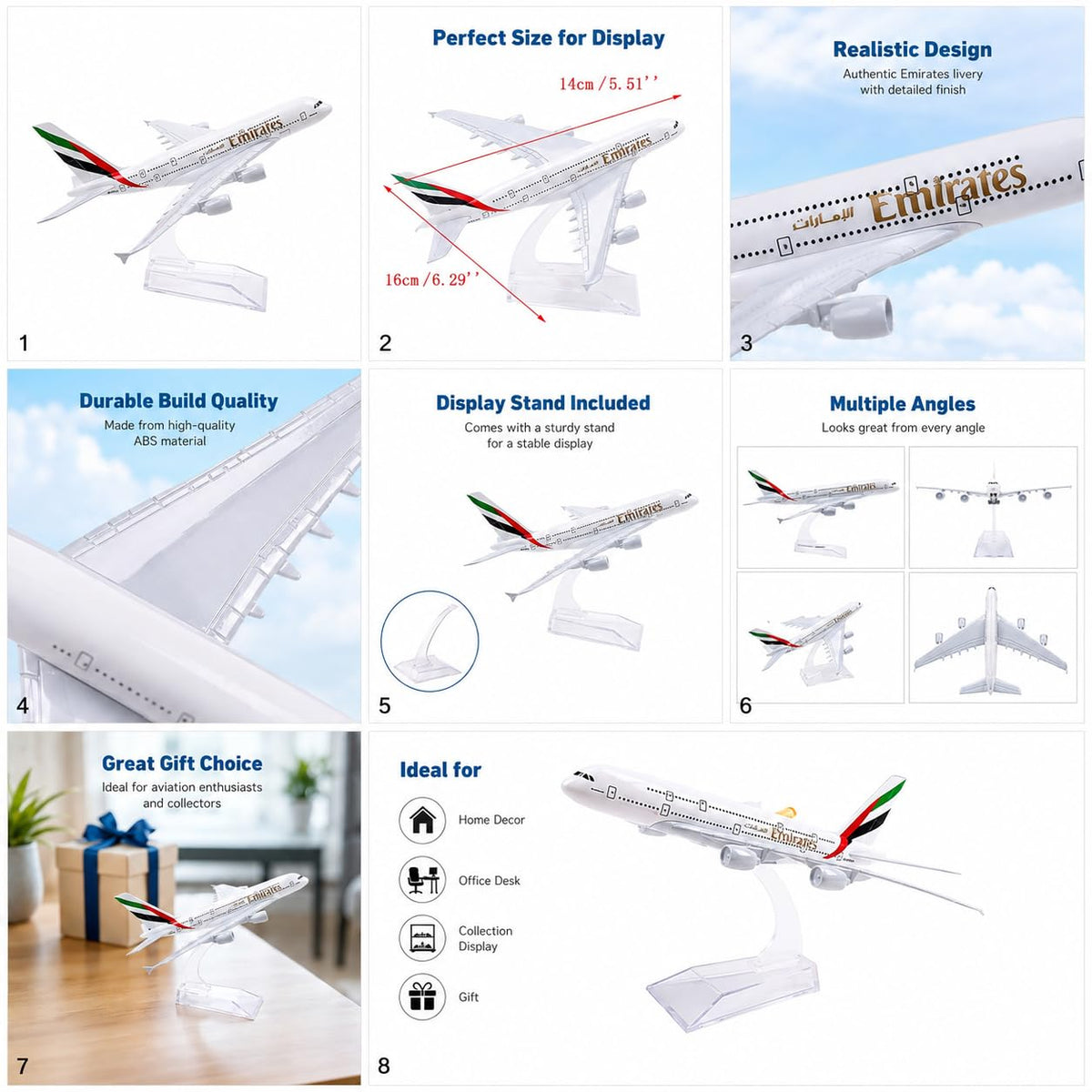 Emirates A380 Diecast Model Airplane 14 cm – Metal Aircraft Collectible with Stand