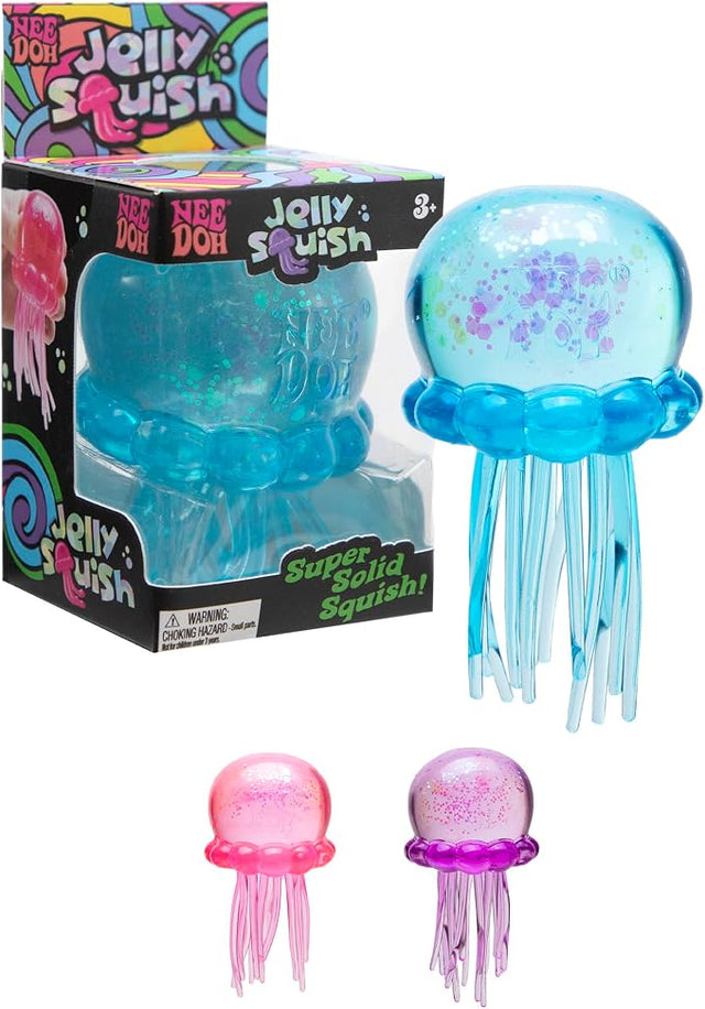 NeeDoh Jelly Squish sensory squeeze toy shaped like a jellyfish with shimmering gel filling and wiggly tentacles