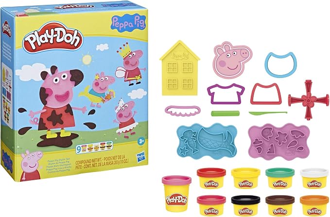 Play-Doh Peppa Pig Stylin Set with 9 cans of non-toxic modeling compound and 11 accessories including stamper, cutters, and molds