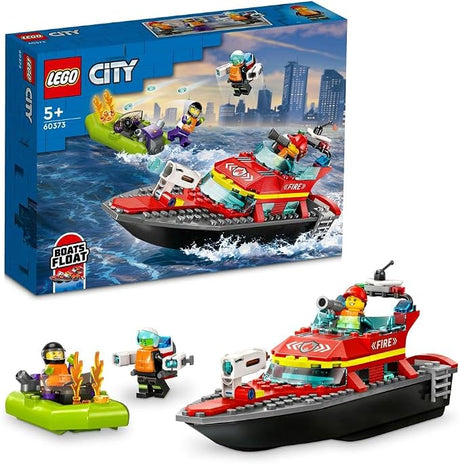 LEGO City Fire Rescue Boat 60373 building kit with 144 pieces, floating fireboat, dinghy, and 3 firefighter minifigures