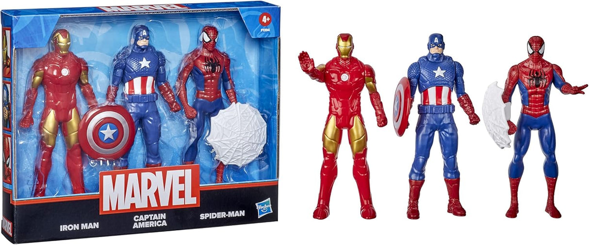 Marvel Hasbro Marvel Action Figure Toy 3-Pack, Iron Man, 6-inch Figures, Spider-Man, Captain America, For Kids Ages 4 and Up