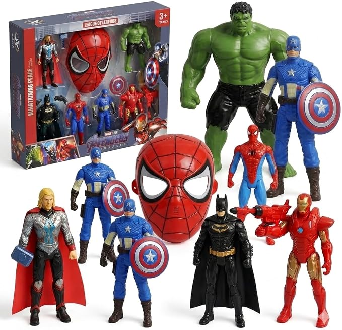 Superhero Action Figure Set for Kids – 8-Piece Hero Figures with Web Mask, Shields & Armor