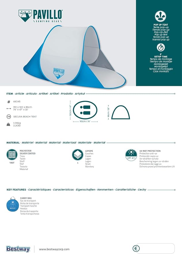 Bestway Pavillo Secura Beach Tent – 2 Person Pop-Up Shelter (192 x 120 x 85 cm)