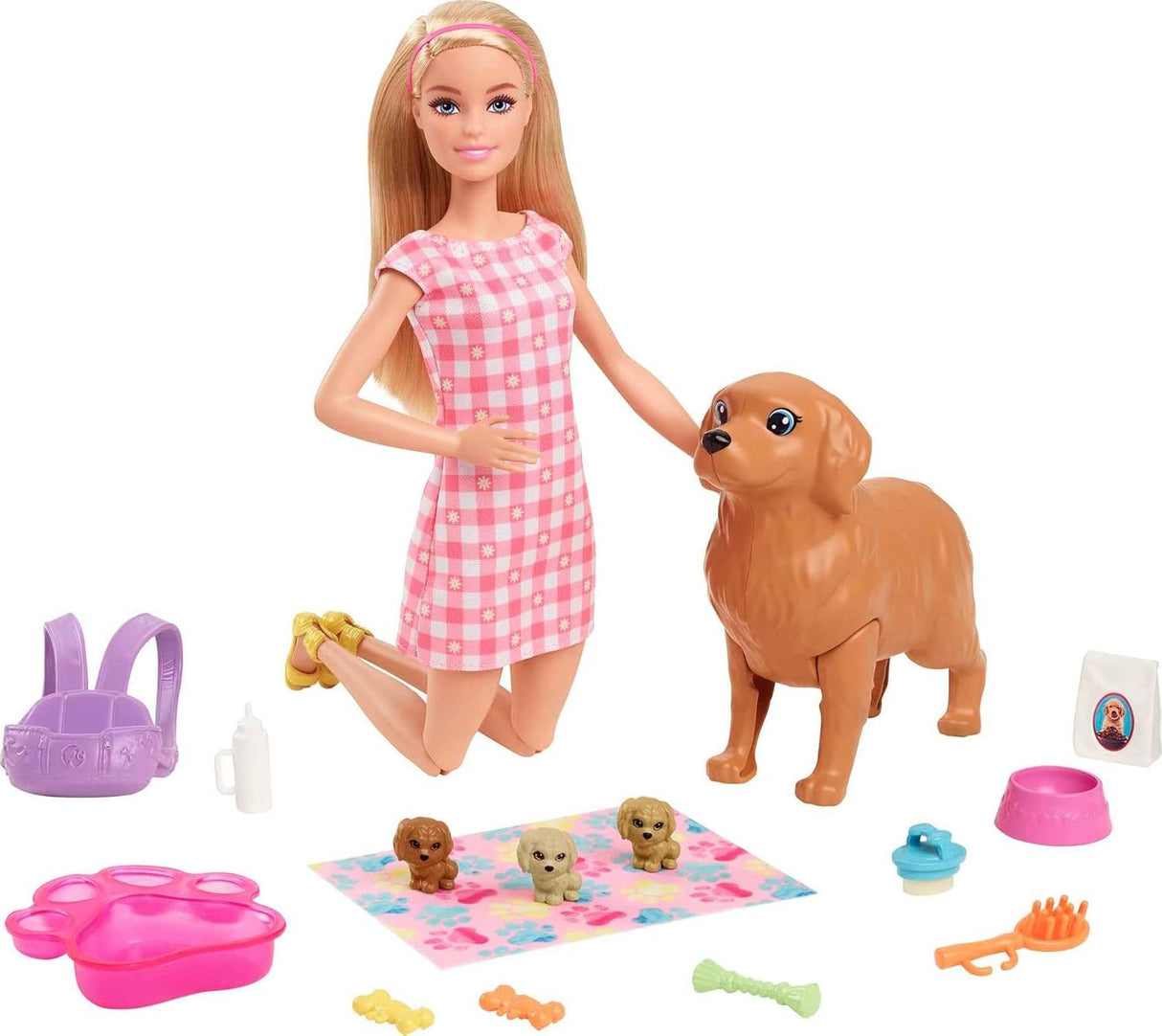 Barbie With Mommy Dog & 3 Newborn puppies Playset