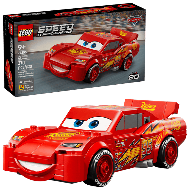 LEGO Speed Champions Lightning McQueen 77255 building kit with 270 pieces, authentic movie details, and detailed undercarriage.