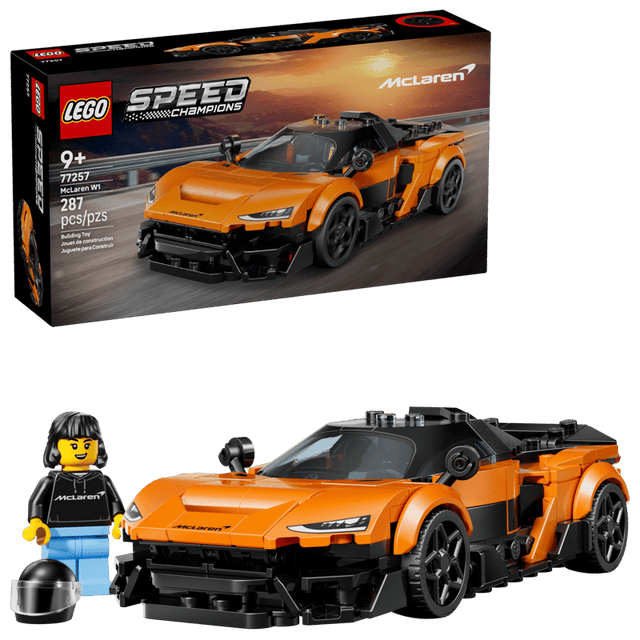 LEGO Speed Champions McLaren W1 77257 building kit with 287 pieces, adjustable rear wing, and driver minifigure