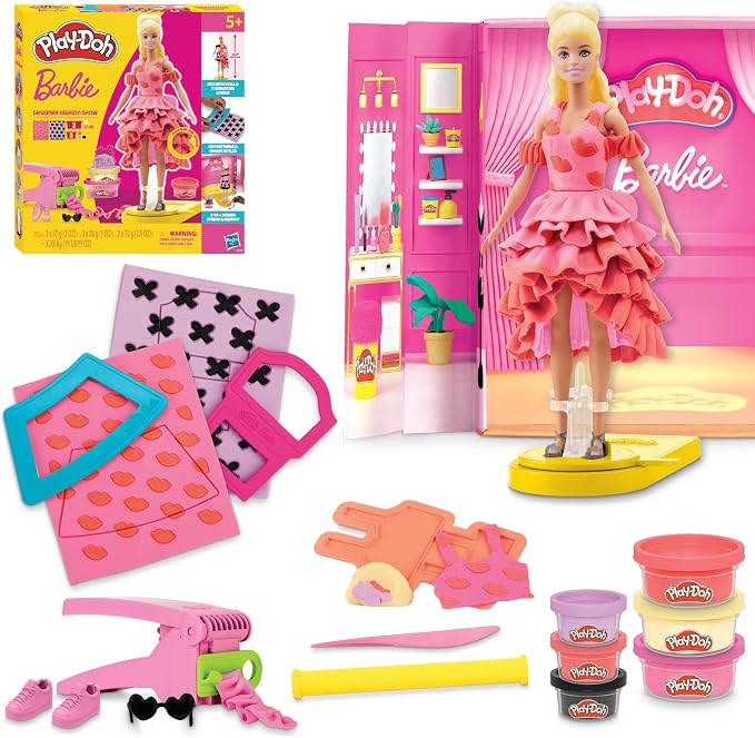 Play-Doh Barbie Designer Fashion Show Set with genuine Barbie doll, 2-in-1 studio runway, 21 fashion accessories, and 5 cans of Play-Doh compound.