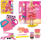 Play-Doh Barbie Designer Fashion Show Set with genuine Barbie doll, 2-in-1 studio runway, 21 fashion accessories, and 5 cans of Play-Doh compound.
