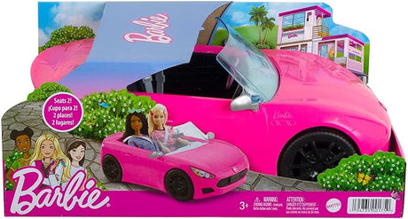 Barbie Pink Convertible 2-Seater Vehicle with rolling wheels, seatbelts, and Barbie silhouette hood ornament for ages 3-7
