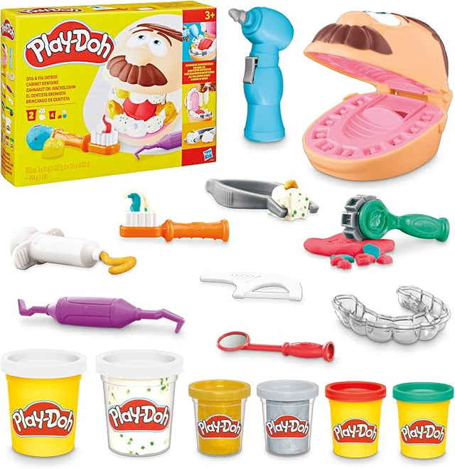 Play-Doh Drill 'n Fill Dentist Toy with patient head, hand-powered drill, tooth mold, and 8 cans of non-toxic modeling compound