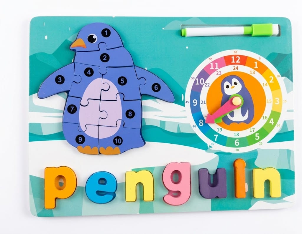 Penguin Wooden Jigsaw Puzzle Toy with Clock
