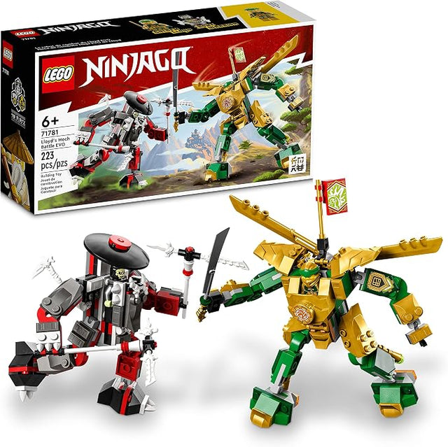 LEGO NINJAGO Lloyd's Mech Battle EVO 71781 building kit with 223 pieces, Golden Lloyd and Bone Warrior minifigures, and 2 posable mechs