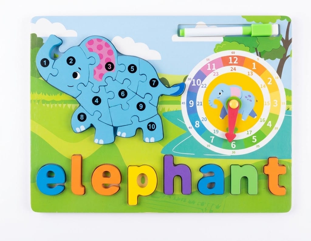 Elephant Wooden Jigsaw Puzzle Toy with Clock