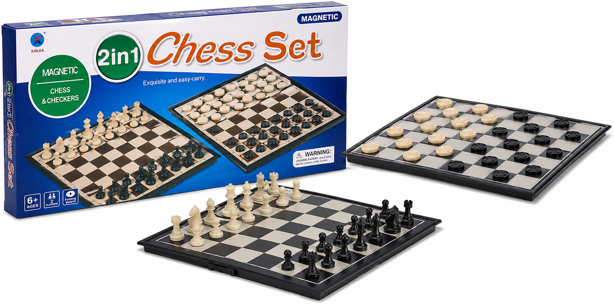 2-in-1 Magnetic Chess and Checkers Board Game Set – Portable Travel Strategy Game