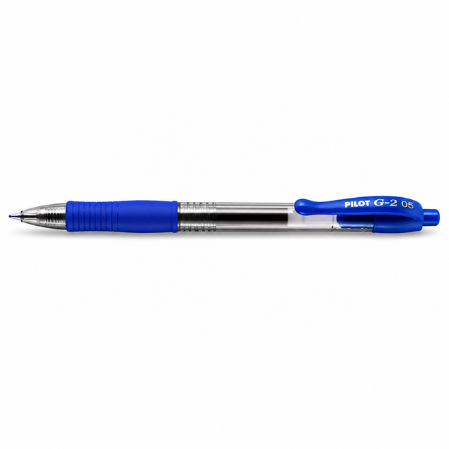 A blue and silver Pilot G-2 ballpoint pen with a textured blue grip and a blue clip, shown horizontally on a plain white background.