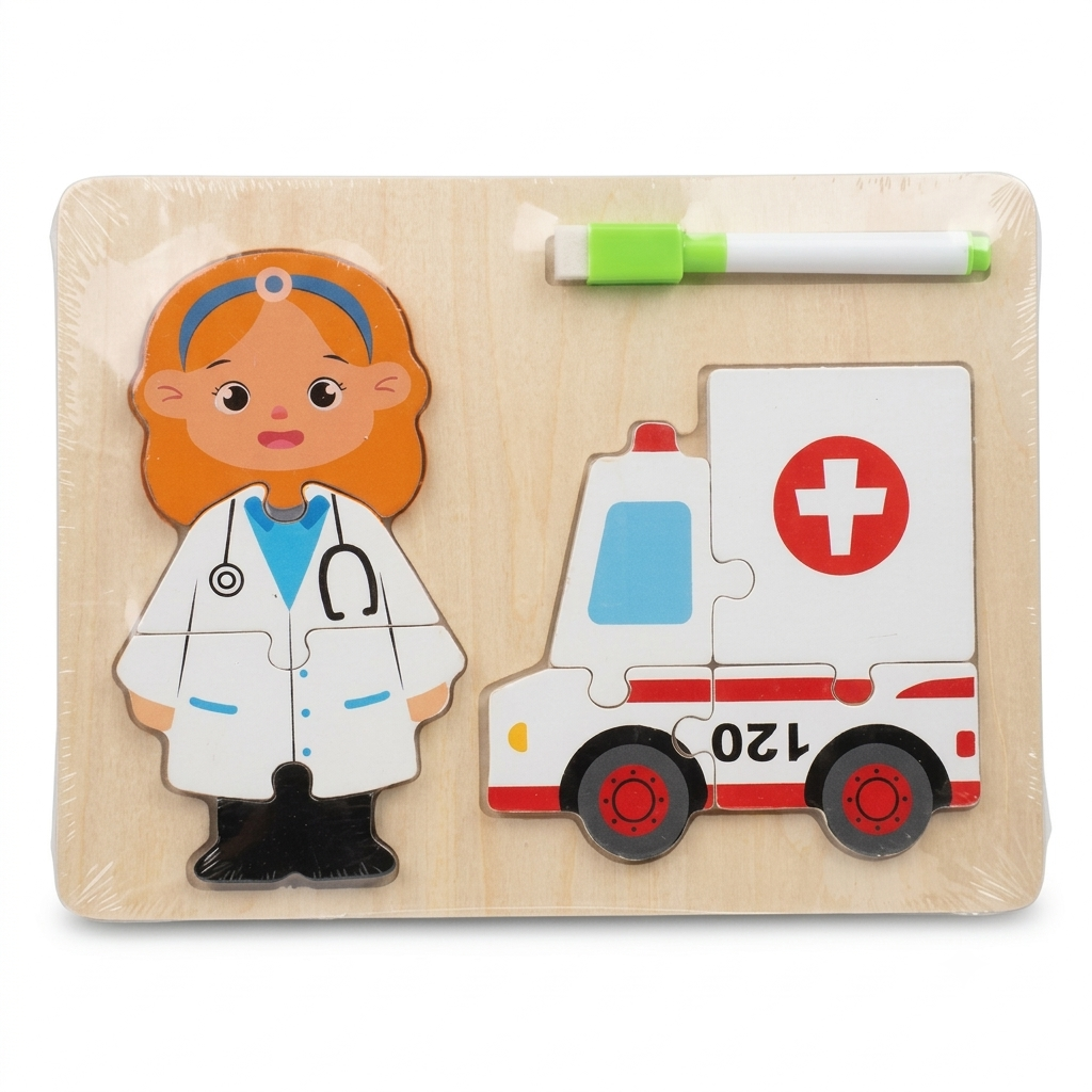 Doctor and Ambulance Wooden Puzzle with Pen Educational Toy for Kids