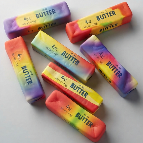 Multicolour 4oz butter squishy fidget toy in assorted colours with product dimensions and slow-rising squeeze features